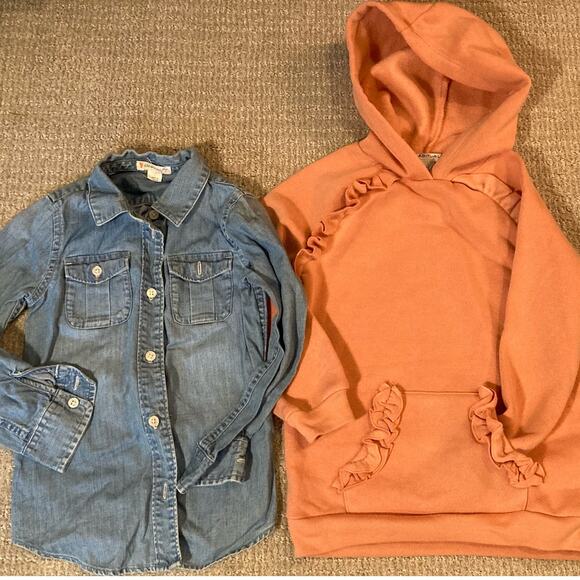 J.Crew Crewcuts Denim Shirt + Habitual Coral Hoodie Ruffle Sweatshirt Lot ~ Sz 5 - Picture 1 of 6